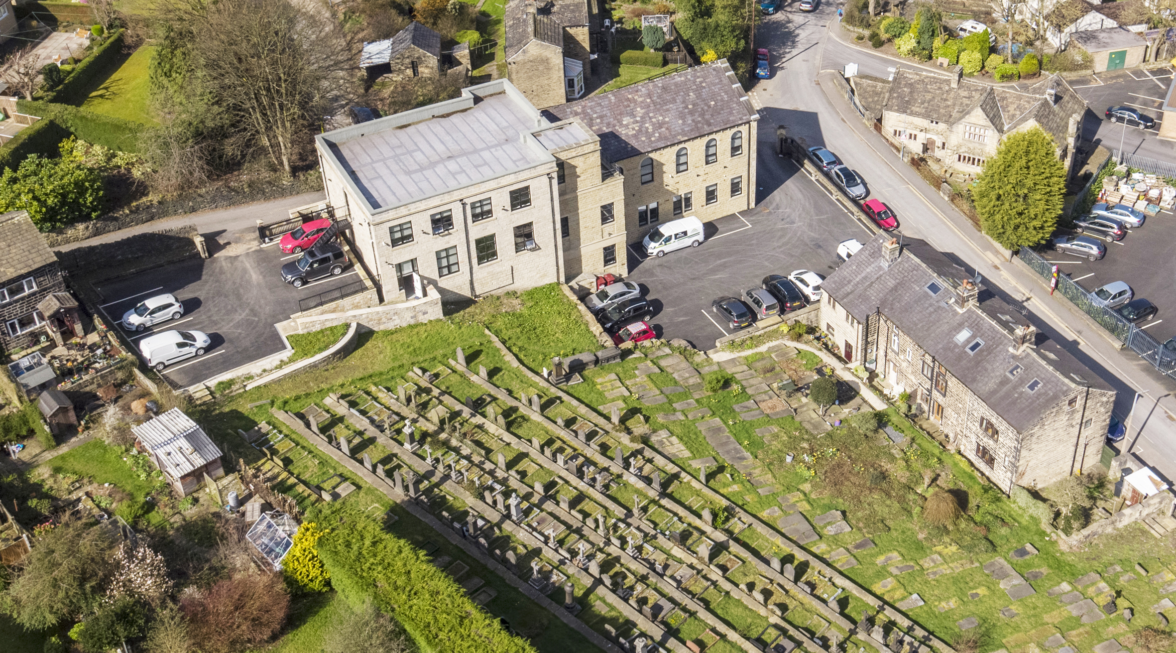 The-Chapel-Office-Space-drone-view-header Ariel view of The Chapel, business offices, Mytholmroyd